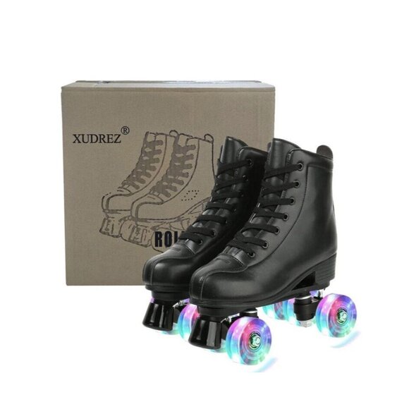 XUDREZ Roller Skates Classic High-Top Double-Row Black Skates LIGHT UP WHEELSNew - Picture 1 of 5